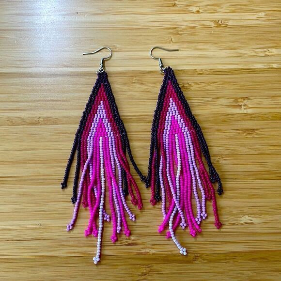 Pink Bohemian Beaded handmade Tassel Pendant Dangle Earrings - Picture 1 of 2